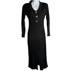 Vintage 70s Ange Paris Knit Maxi Dress S Black Collared Slit Morticia